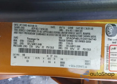 2016 Ford Fiesta Se z USA, uszkodzony, nr VIN 3FADP4BJXGM194740